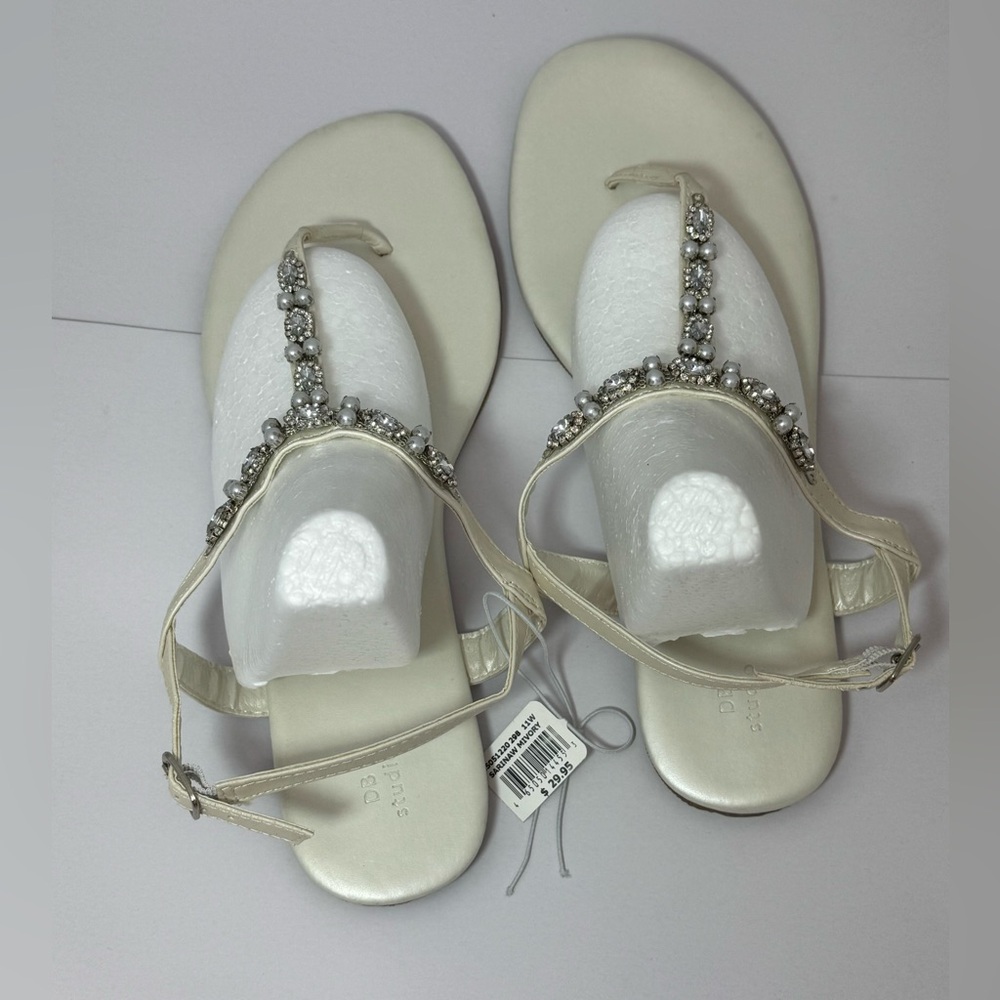 Ivory T-Strap Sandals with Pearl and Rhinestone Embellishments- 11W- NWT